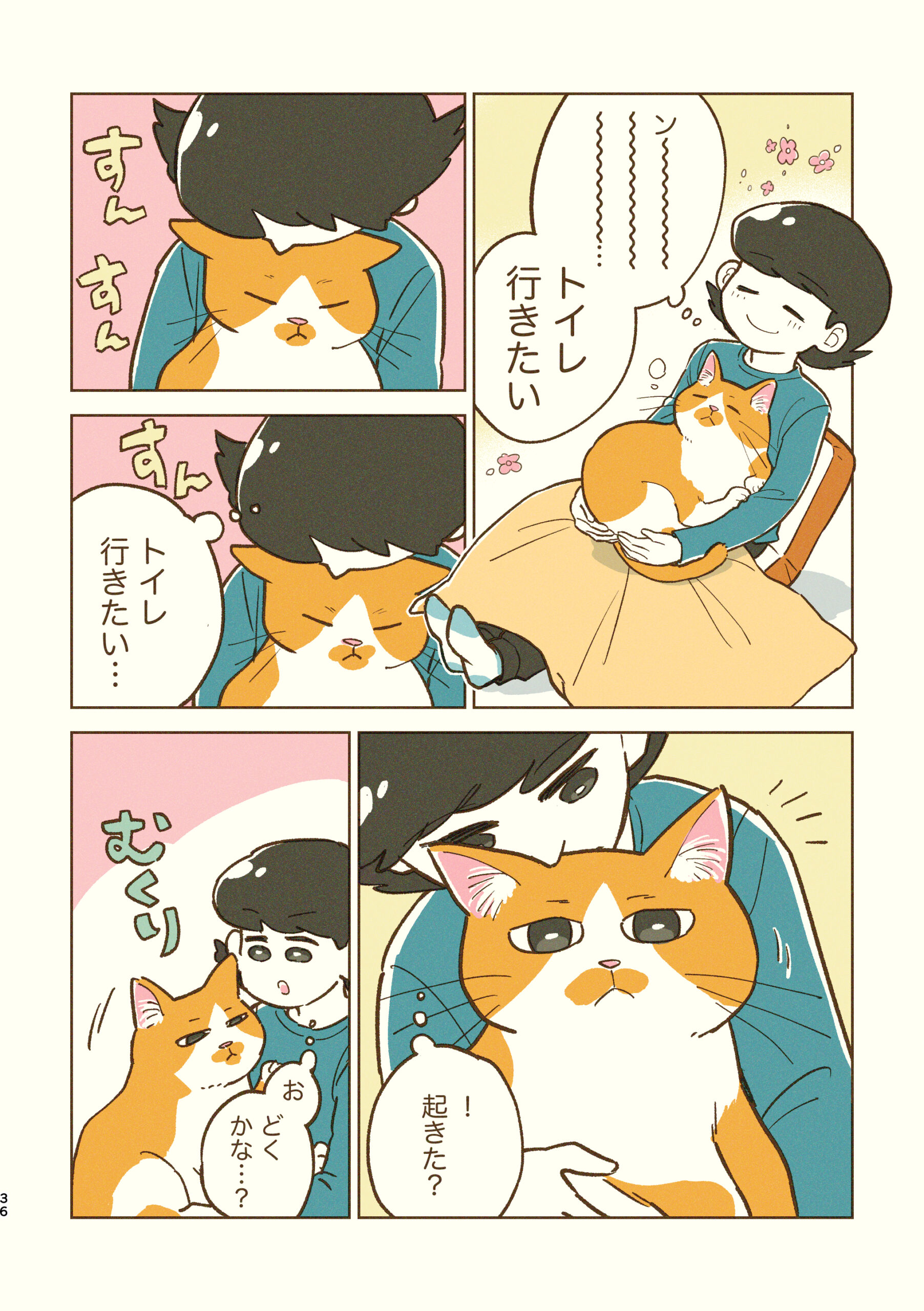 猫との暮らしを描いたエッセイマンガ｜NEKO Diary｜膝の上でスヤスヤ眠る猫。飼い主はトイレに行きたそうにしている猫あるあるのシーン。