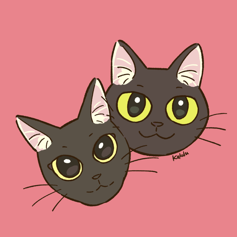 黒猫きょうだいのうちのこ似顔絵イラスト。そっくりなのにお顔つきはちょっと違う、かわいい兄弟猫の個性を描きました。
