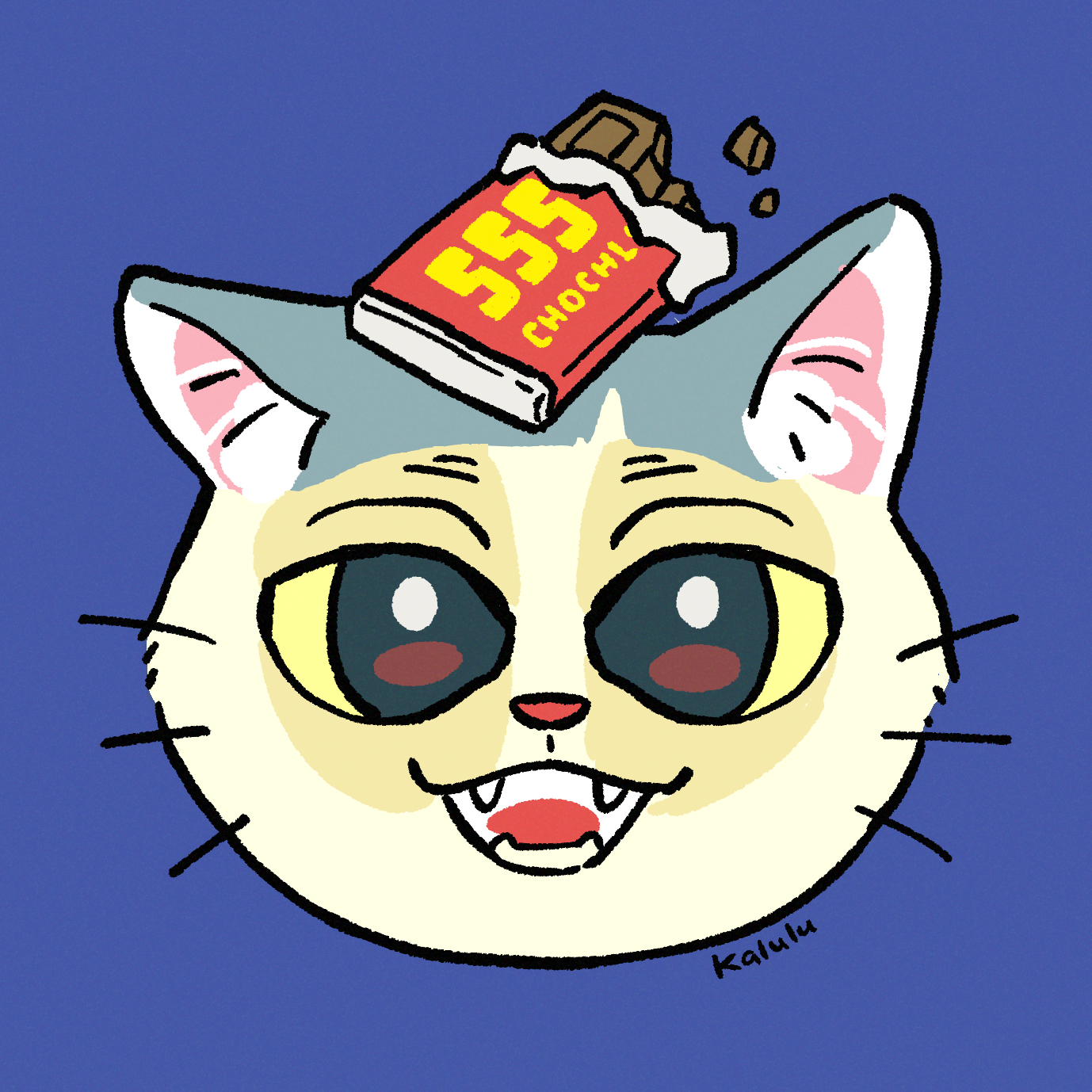 チョコレートと某ライダーが好きな元気な男の子を猫にした似顔絵イラスト。